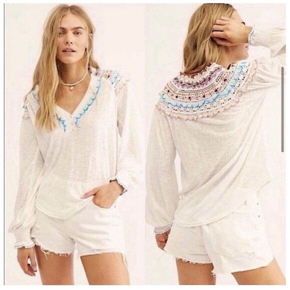 Free People Siesta Fiesta White Embroidered Crochet  Bohemian Blouse Top Small - Picture 1 of 8